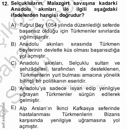 12. soru: Selçukluların, Malazgirt savaşına kadarki Anadolu akınları • ile ilgili aşağıdaki ifadelerden hangisi doğrudur? A) Tu…