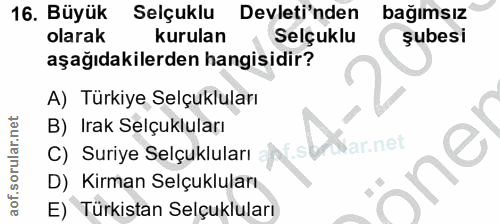 16. soru: Büyük Selçuklu Devleti'nden bağımsız olarak kurulan Selçuklu şubesi aşağıdakilerden hangisidir? A) Türkiye Selçuklula…