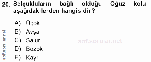 20. soru: Selçukluların bağlı olduğu Oğuz kolu aşağıdakilerden hangisidir? A) Üçok B) Avşar C) Salur D) Bozok aof. E) Kayı