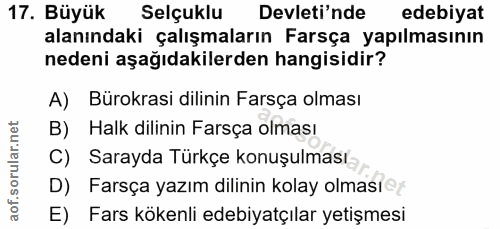 17. soru: Büyük Selçuklu Devleti'nde edebiyat alanındaki çalışmaların Farsça yapılmasının nedeni aşağıdakilerden hangisidir? A)…
