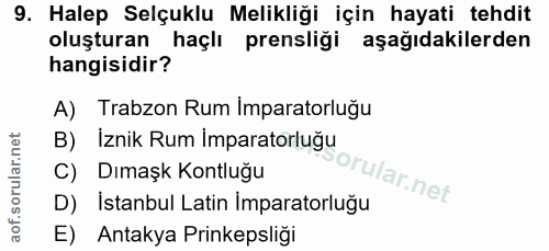 9. soru: Halep Selçuklu Melikliği için hayati tehdit oluşturan haçlı prensliği aşağıdakilerden hangisidir? A) Trabzon Rum Impa…