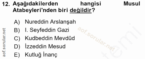 12. soru: Aşağıdakilerden hangisi Musul Atabeyleri'nden biri değildir? A) Nureddin Arslanşah B) I. Seyfeddin Gazi C) Kudbeddin…