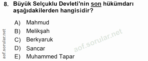 8. soru: Büyük Selçuklu Devleti'nin son hükümdarı aşağıdakilerden hangisidir? A) Mahmud B) Melikşah C) Berkyaruk D) Sancar E)…