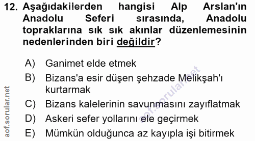 12. soru: Aşağıdakilerden hangisi Alp Arslan'ın Anadolu Seferi sirasinda, Anadolu topraklarına sık sık akınlar düzenlemesinin n…