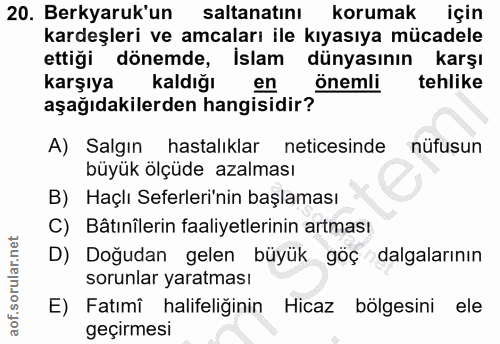 20. soru: Berkyaruk'un saltanatını korumak için kardeşleri ve amcaları ile kıyasıya mücadele ettiği dönemde, İslam dünyasının k…