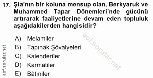 17. soru: Şia'nın bir koluna mensup olan, Berkyaruk ve Muhammed Tapar Dönemleri'nde gücünü artırarak faaliyetlerine devam eden…