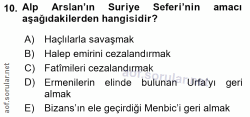 10. soru: Alp Arslan'ın Suriye Seferi'nin amacı aşağıdakilerden hangisidir? A) Haçlılarla savaşmak B) Halep emirini cezalandırm…