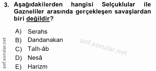 3. soru: Aşağıdakilerden hangisi Selçuklular ile Gazneliler arasında gerçekleşen savaşlardan biri değildir? A) Serahs B) Danda…