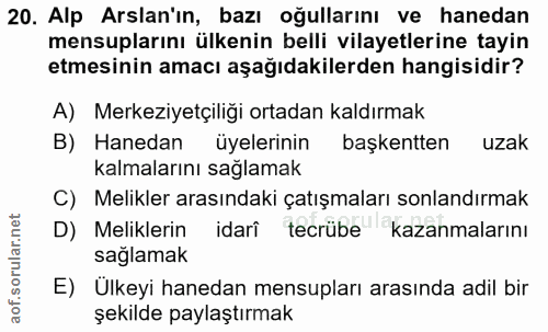 20. soru: Alp Arslan'ın, bazı oğullarını ve hanedan mensuplarını ülkenin belli vilayetlerine tayin etmesinin amacı aşağıdakiler…