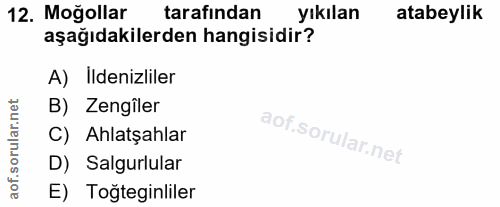 12. soru: Moğollar tarafından yıkılan atabeylik aşağıdakilerden hangisidir? A) Ildenizliler rular.net B) Zengiler C) Ahlatşahla…