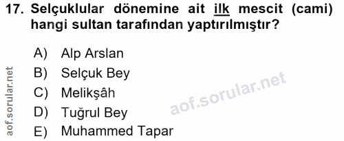 17. soru: Selçuklular dönemine ait ilk mescit (cami) hangi sultan tarafından yaptırılmıştır? A) Alp Arslan B) Selçuk Bey C) Mel…