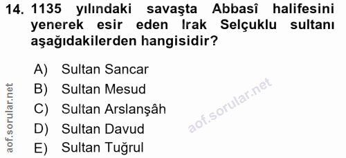 14. soru: 1135 yılındaki savaşta Abbasî halifesini yenerek esir eden Irak Selçuklu sultanı aşağıdakilerden hangisidir? A) Sulta…