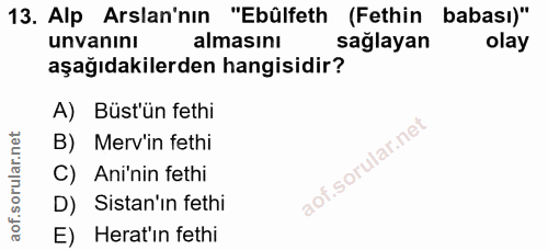 13. soru: Alp Arslan'nın "Ebûlfeth (Fethin babası)" unvanını almasını sağlayan olay aşağıdakilerden hangisidir? A) Büst'ün feth…