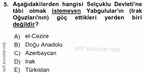 5. soru: Aşağıdakilerden hangisi Selçuklu Devleti'ne tâbi olmak istemeyen Yabgulular'ın (Irak Oğuzları'nın) göç ettikleri yerd…