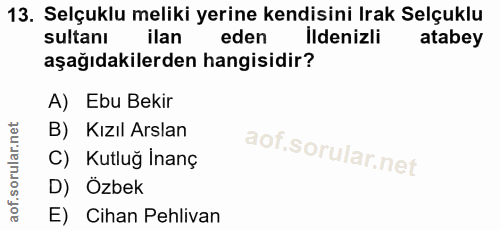13. soru: Selçuklu meliki yerine kendisini Irak Selçuklu sultanı ilan eden İldenizli atabey aşağıdakilerden hangisidir? A) Ebu…