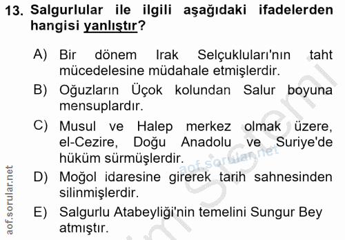 13. soru: Salgurlular ile ilgili aşağıdaki ifadelerden hangisi yanlıştır? A) Bir dönem Irak Selçukluları'nın taht mücedelesine…