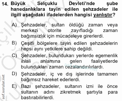 14. soru: Büyük Selçuklu Devleti'nde şube hanedanlıklara tayin edilen şehzadeler ile ilgili aşağıdaki ifadelerden hangisi yanlı…