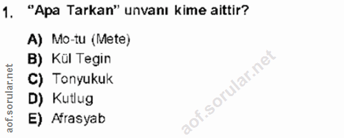 1. soru: "Apa Tarkan" unvanı kime aittir? A) Mo-tu (Mete) B) Kül Tegin C) Tonyukuk D) Kutlug E) Afrasyab