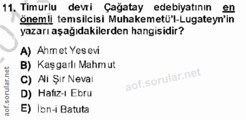 11. soru: Timurlu devri Çağatay edebiyatının en önemli temsilcisi Muhakemetü'l-Lugateyn'in yazarı aşağıdakilerden hangisidir? A…