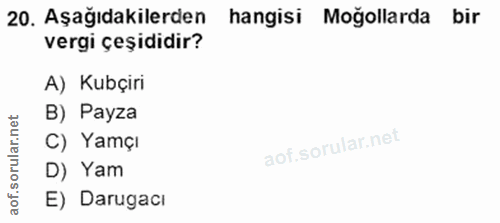 20. soru: Aşağıdakilerden hangisi Moğollarda bir vergi çeşididir? A) Kubçiri B) Payza C) Yamçı D) Yam E) Darugacı