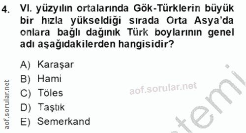 4. soru: VI. yüzyılın ortalarında Gök-Türklerin büyük bir hızla yükseldığı sırada Orta Asya'da onlara bağlı dağınık Türk boyla…