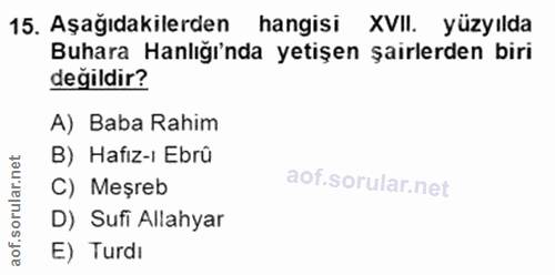 15. soru: Aşağıdakilerden hangisi XVII. yüzyılda Buhara Hanlığı'nda yetişen şairlerden biri değildir? A) Baba Rahim B) Hafız-ı…