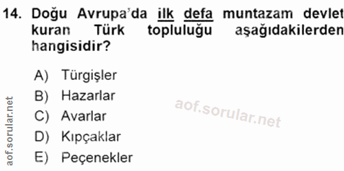 14. soru: Doğu Avrupa'da ilk defa muntazam devlet kuran Türk toplulugu aşağıdakilerden hangisidir? A) Türgişler B) Hazarlar C)…