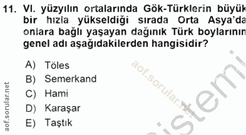 11. soru: VI. yüzyılın ortalarında Gök-Türklerin büyük bir hızla yükseldiği sırada Orta Asya'da onlara bağlı yaşayan dağınık Tü…