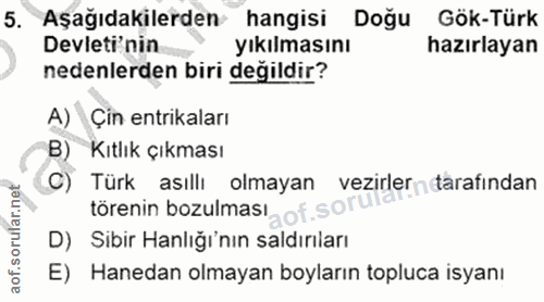 5. soru: Aşağıdakilerden hangisi Doğu Gök-Türk Devleti'nin yıkılmasını hazırlayan nedenlerden biri degildir? A)* Çin entrikala…