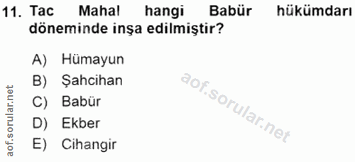 11. soru: Tac Mahal hangi Babür hükümdarı döneminde inşa edilmiștir? A) Hümayun B) Şahcihan C) Babür D) Ekber E) Cihangir