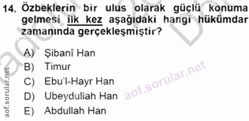 14. soru: Özbeklerin bir ulus olarak güçlü konuma gelmesi, ilk kez aşağıdaki hangi hükümdar zamanında gerçekleşmiştir? A) Şiban…