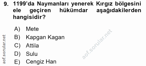 9. soru: 1199'da aymanları yenerek Kırgız bölgesini ele geçiren hükümdar aşağıdakilerden hangisidir? A) Mete B) Kapgan Kagan C…