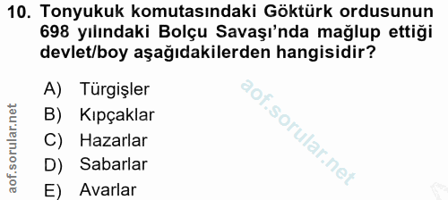 10. soru: Tonyukuk komutasındaki Göktürk ordusunun 698 yılındaki Bolçu Savaşı'nda mağlup ettiği devlet/boy aşağıdakilerden hang…