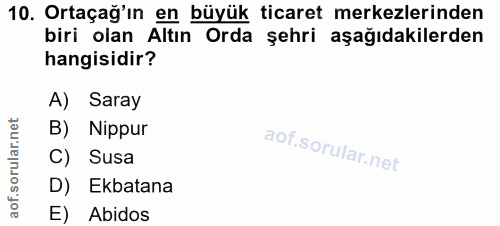 10. soru: Ortaçağ'ın en büyük ticaret merkezlerinden biri olan Altın Orda şehri aşağıdakilerden hangisidir? A) Saray B) Nippur…