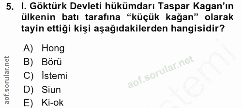 5. soru: I. Göktürk Devleti hükümdarı Taspar Kagan'ın ülkenin batı tarafına "küçük kağan" olarak tayin ettiği kişi aşağıdakile…