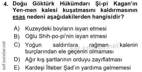 4. soru: Doğu Göktürk Hükümdarı Şi-pi Kagan'ın Yen-men kalesi kuşatmasını kaldırmasının esas nedeni aşağıdakilerden hangisidir…