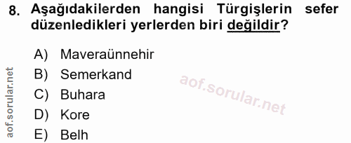 8. soru: Aşağıdakilerden hangisi Türgişlerin sefer düzenledikleri yerlerden biri değildir? A) Maveraunnehir B) Semerkand C) Bu…