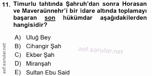 11. soru: Timurlu tahtında Şahruh'dan sonra Horasan ve Maveraünnehr'i bir idare altında toplamayı başaran son hükümdar aşağıdak…
