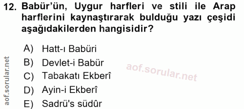 12. soru: Babür'ün, Uygur harfleri ve stili ile Arap harflerini kaynaştırarak bulduğu yazı çeşidi aşağıdakilerden hangisidir? A…