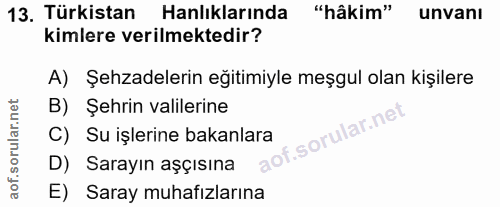 13. soru: Türkistan anlıklarında "hâkim" unvani kimlere verilmektedir? A) Şehzadelerin eğitimiyle meşgul olan kişilere B) Şehri…