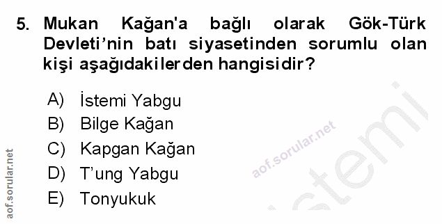 5. soru: Mukan Kağan'a bağlı olarak Gök-Türk Devleti'nin batı siyasetinden sorumlu olan kişi aşağıdakilerden hangisidir? A) Is…