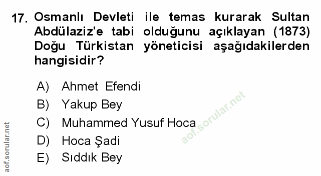 17. soru: Osmanlı Devleti ile temas kurarak Sultan Abdülaziz'e tabi olduğunu açıklayan (1873) Dogu Türkistan yöneticisi aşağıda…