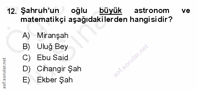 12. soru: Şahruh'un oğlu büyük astronom ve matematikçi aşağıdakilerden hangisidir? A) Miranşah B) Ulug Bey C) Ebu Said .sorular…