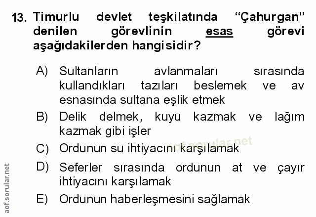 13. soru: Timurlu devlet teşkilatında "Çahurgan" denilen görevlinin esas görevi aşağıdakilerden hangisidir? A) Sultanların avla…
