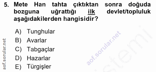 5. soru: Mete Han tahta çıktıktan sonra doğuda bozguna uğrattığı ilk devlet/topluluk aşağıdakilerden hangisidir? A) Tunghular…
