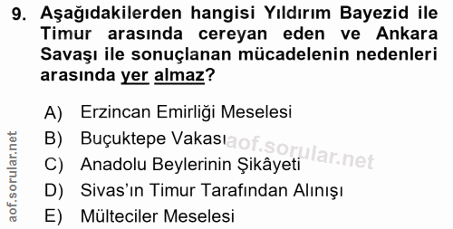 9. soru: Aşağıdakilerden hangisi Yıldırım Bayezid ile Timur arasında cereyan eden ve Ankara Savaşı ile sonuçlanan mücadelenin…