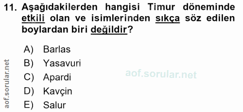 11. soru: Aşağıdakilerden hangisi Timur döneminde etkili olan ve isimlerinden sıkça söz edilen boylardan biri değildir? A) Barl…