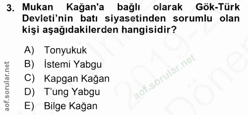 3. soru: Mukan Kağan'a bağlı olarak Gök-Türk Devleti'nin batı siyasetinden sorumlu olan kişi aşağıdakilerden hangisidir? A) To…