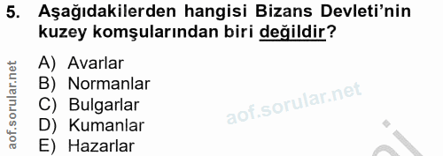 5. soru: Aşağıdakilerden hangisi Bizans Devleti'nin kuzey komşularından biri değildir? A) Avarlar B) Normanlar C) Bulgarlar D)…