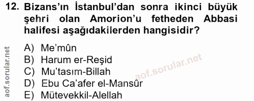 12. soru: Bizans'ın İstanbul'dan sonra ikinci büyük şehri olan Amorion'u fetheden Abbasi halifesi aşağıdakilerden hangisidir? A…